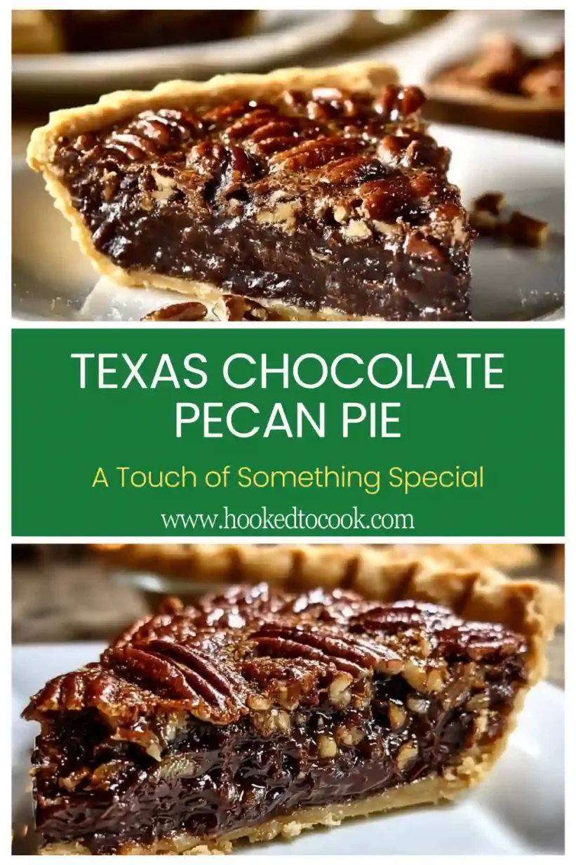 A delectable slice of Texas Chocolate Pecan Pie showcasing its rich chocolate and pecan filling.
