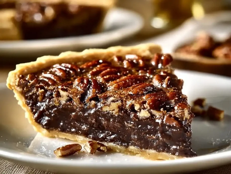 Delicious Texas Chocolate Pecan Pie topped with pecans and chocolate filling.
