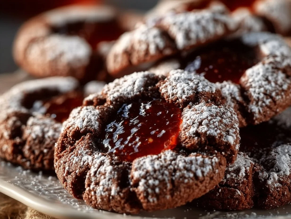 Delicious plate of chocolate thumbprint cookies filled with rich chocolate ganache