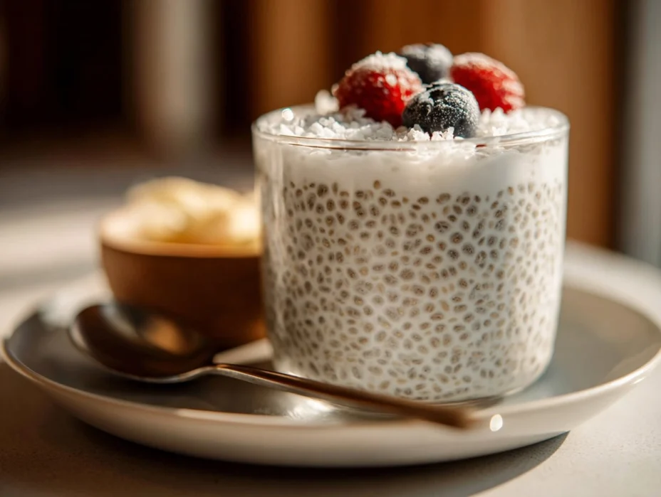 Creamy Coconut Chia Pudding topped with fresh berries and granola.