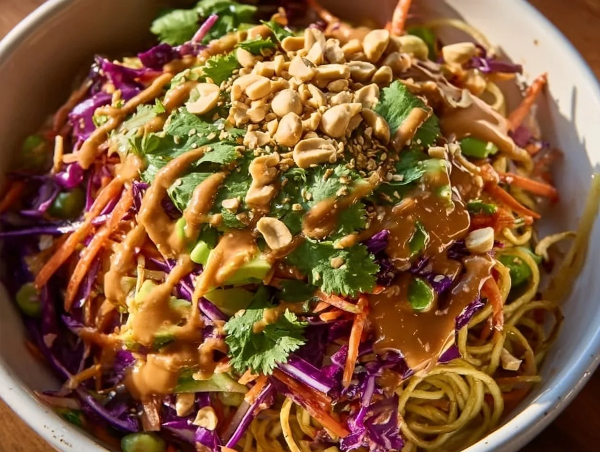 Colorful cold pasta salad with fresh vegetables and dressing