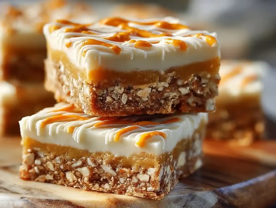 Cottage Cheese Carrot Cake Bars with frosting on a plate