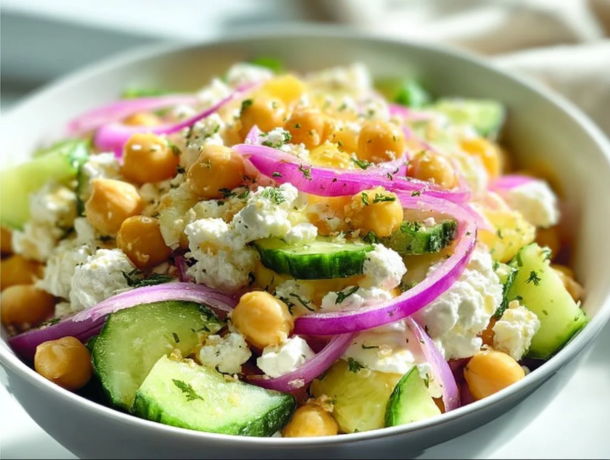 A colorful Cottage Cheese Chickpea Salad Bowl with fresh vegetables and herbs.