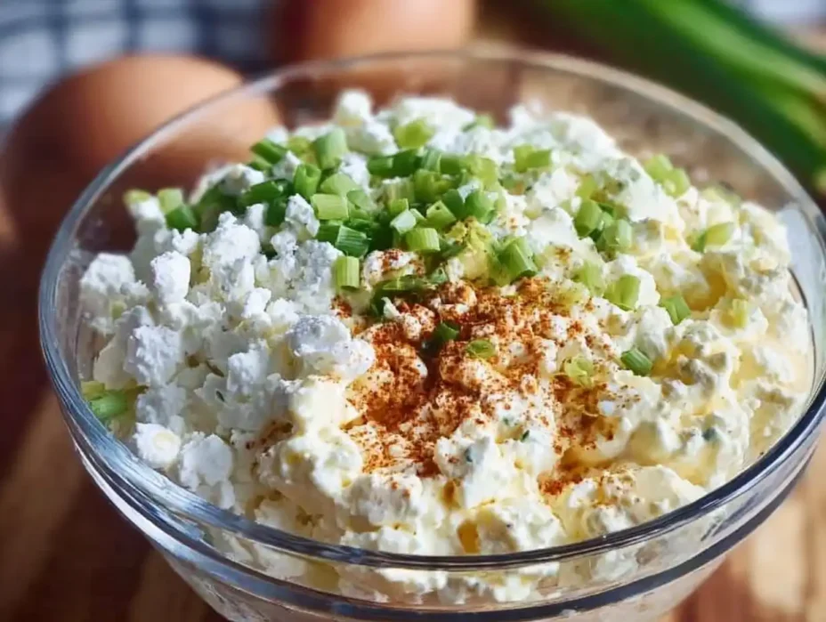 Cottage cheese egg salad in a bowl, high-protein and healthy recipe