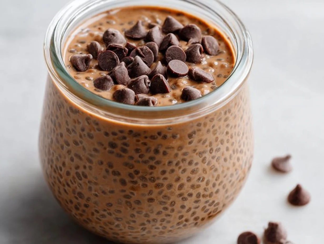 Creamy coffee chia pudding served in a bowl with coffee beans and chia seeds