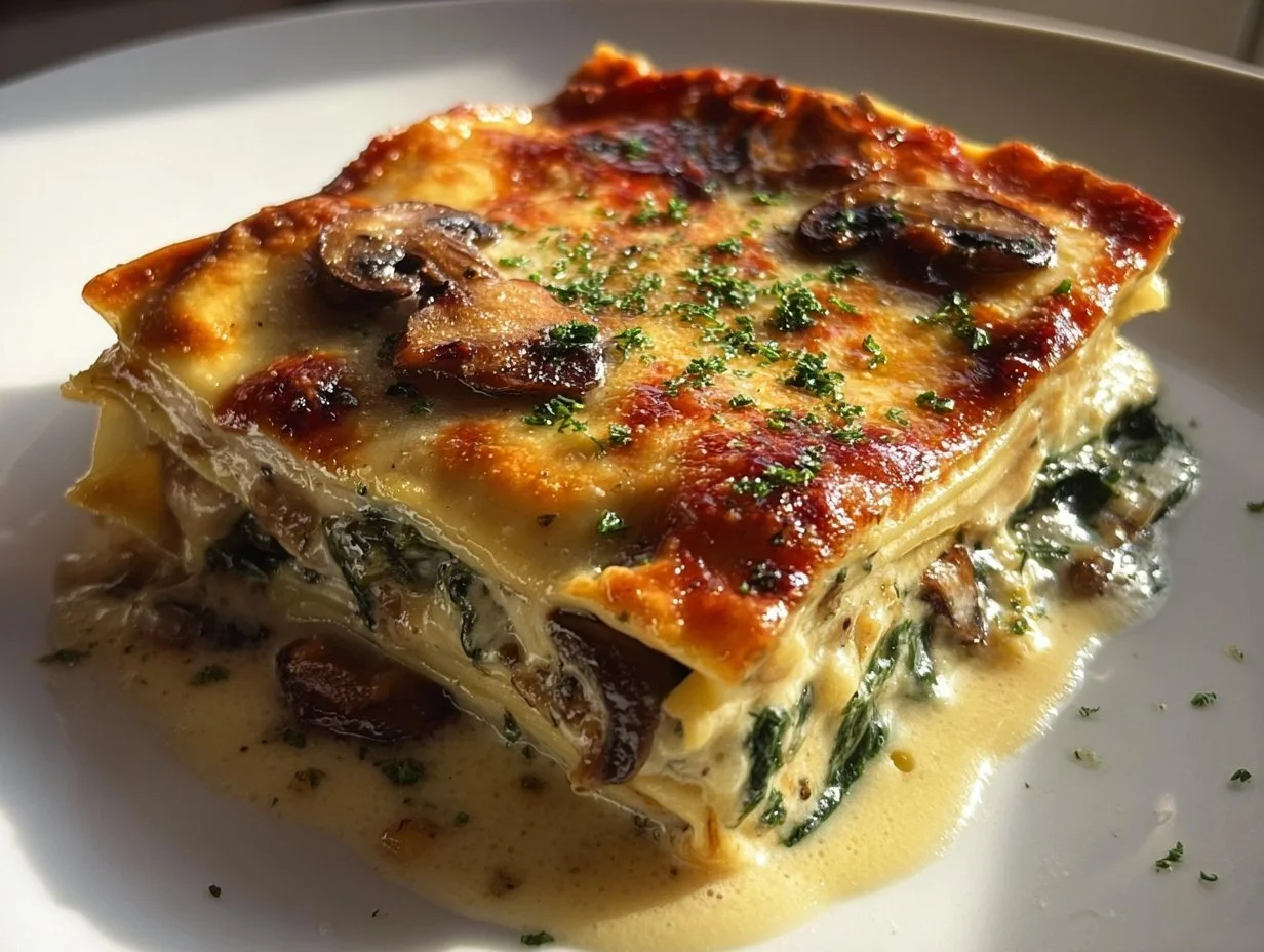 Creamy spinach mushroom lasagna layered with cheese and fresh ingredients
