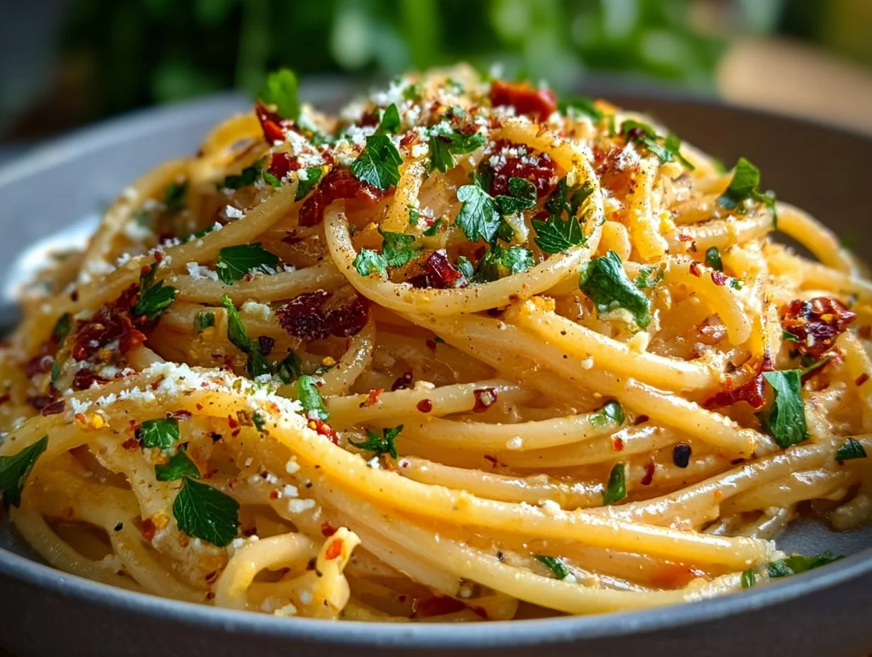 Creamy vegan caramelized onion pasta in a bowl garnished with herbs.