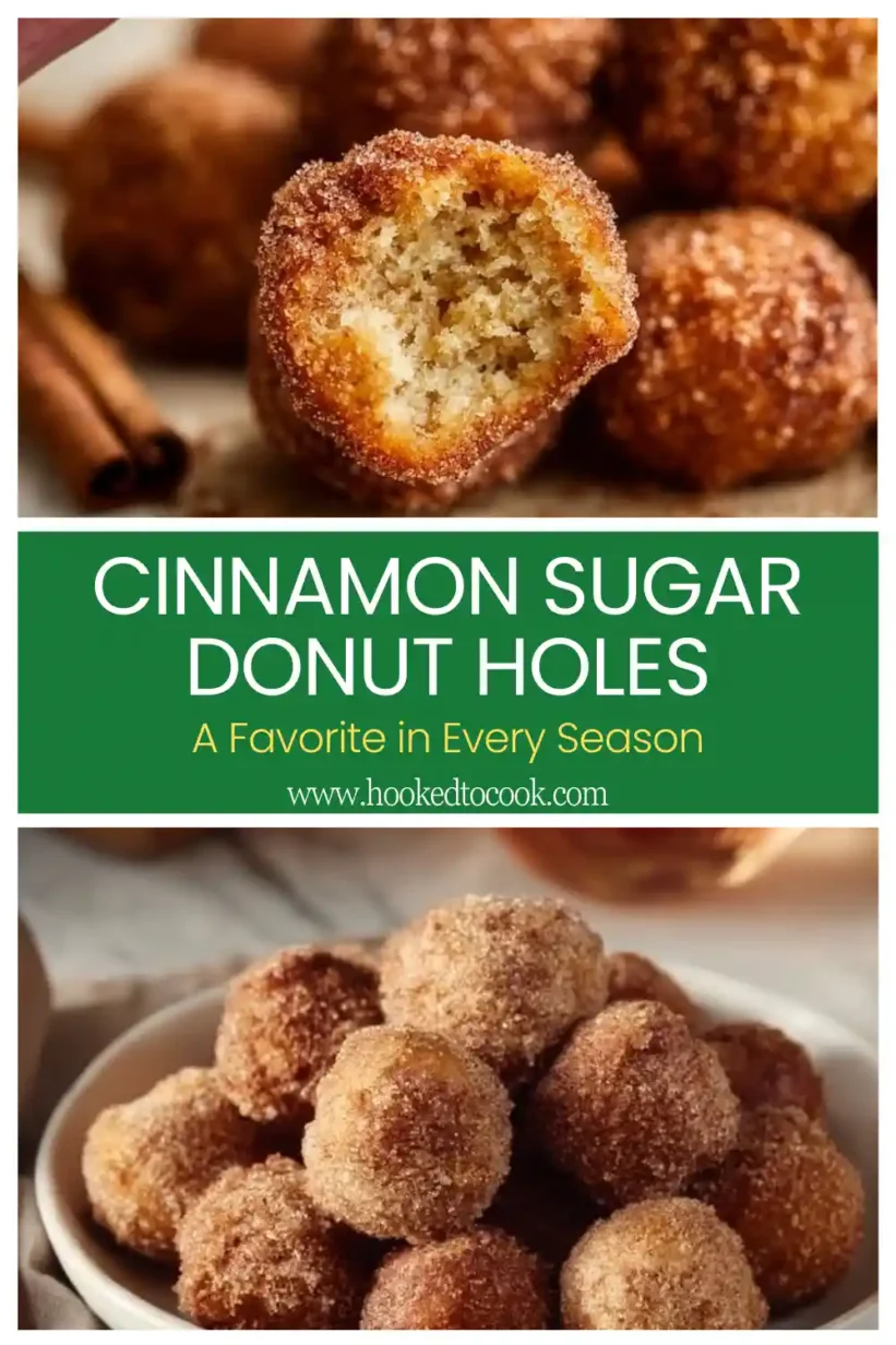 Freshly fried Cinnamon Sugar Donut Holes dusted with sugar and cinnamon, perfect for indulgent snacking.