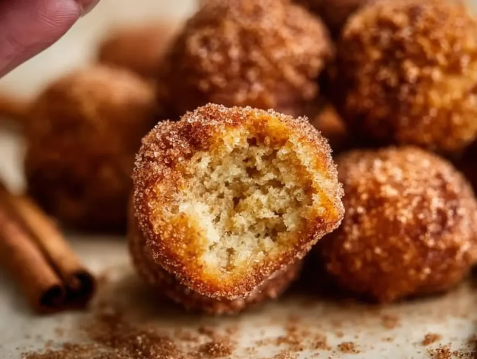 Batch of freshly made cinnamon sugar donut holes on a plate