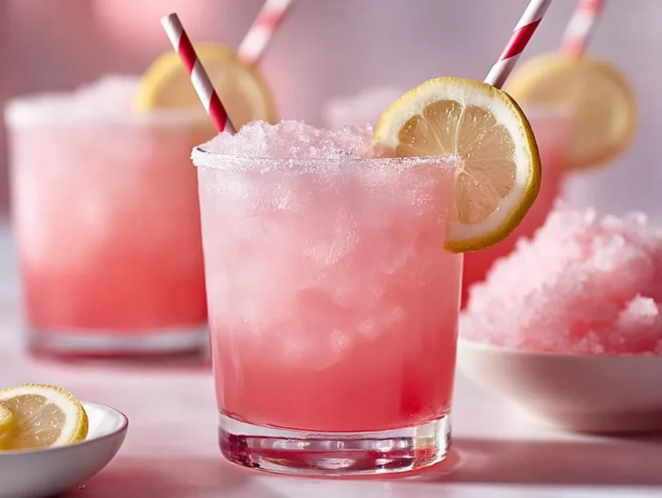 Refreshing pink lemonade punch served in a glass with ice and lemon slices.