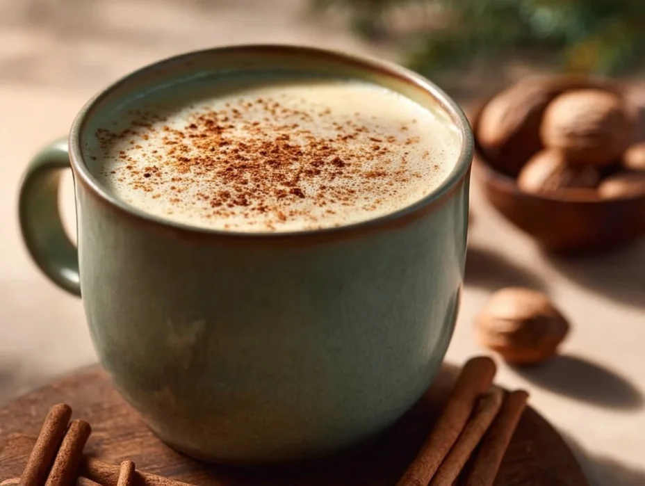 Delicious homemade eggnog latte topped with frothy milk and nutmeg