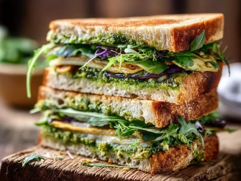 Eggplant Pesto Sandwich served on a plate with fresh ingredients.