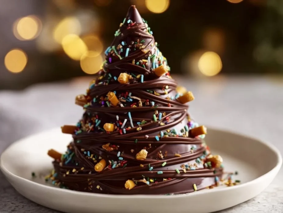 Festive chocolate Christmas trees decorated for the holiday season