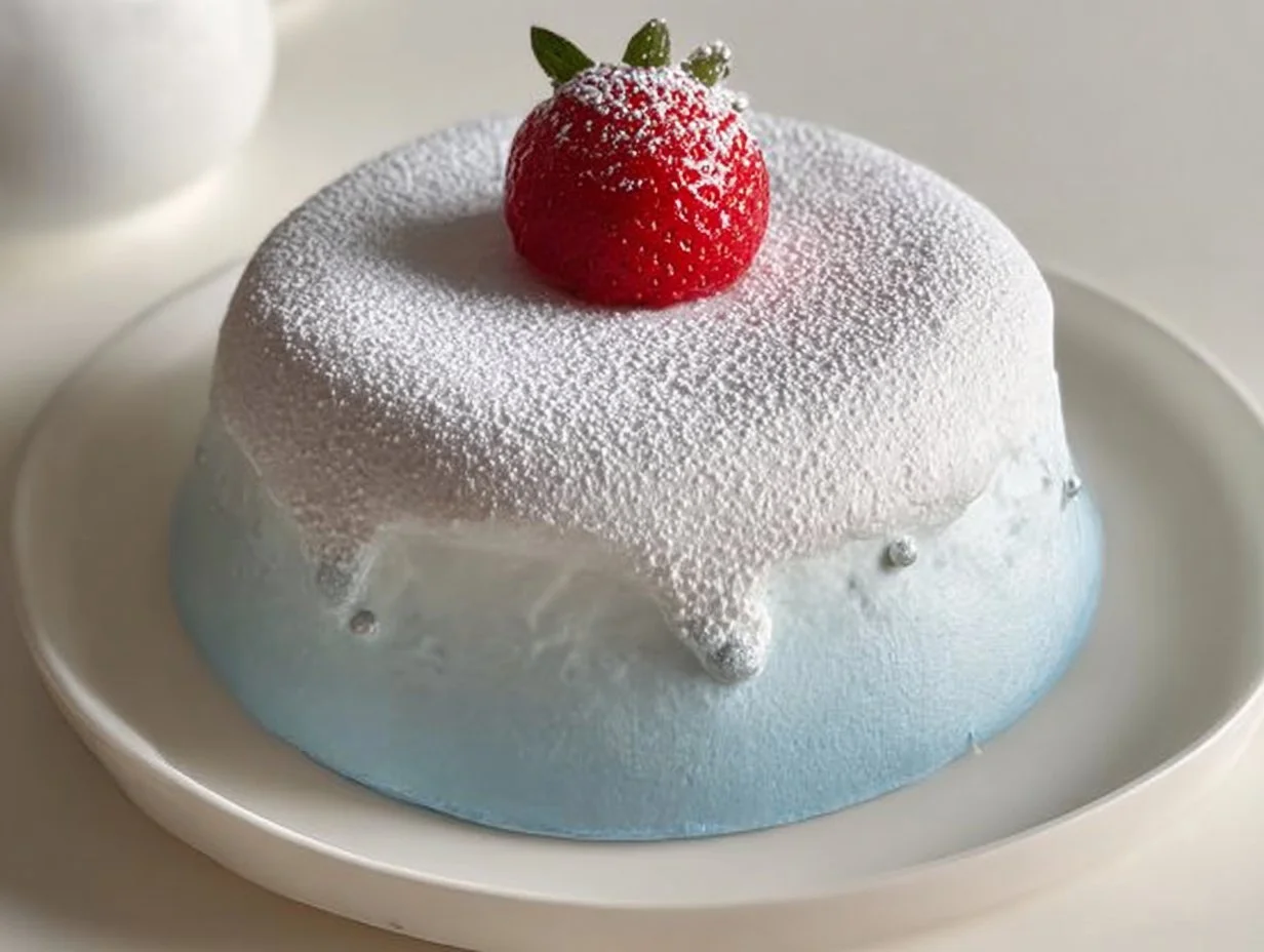 A slice of First Snow Lava Angel Cake, showcasing its fluffy texture and delicious layers.