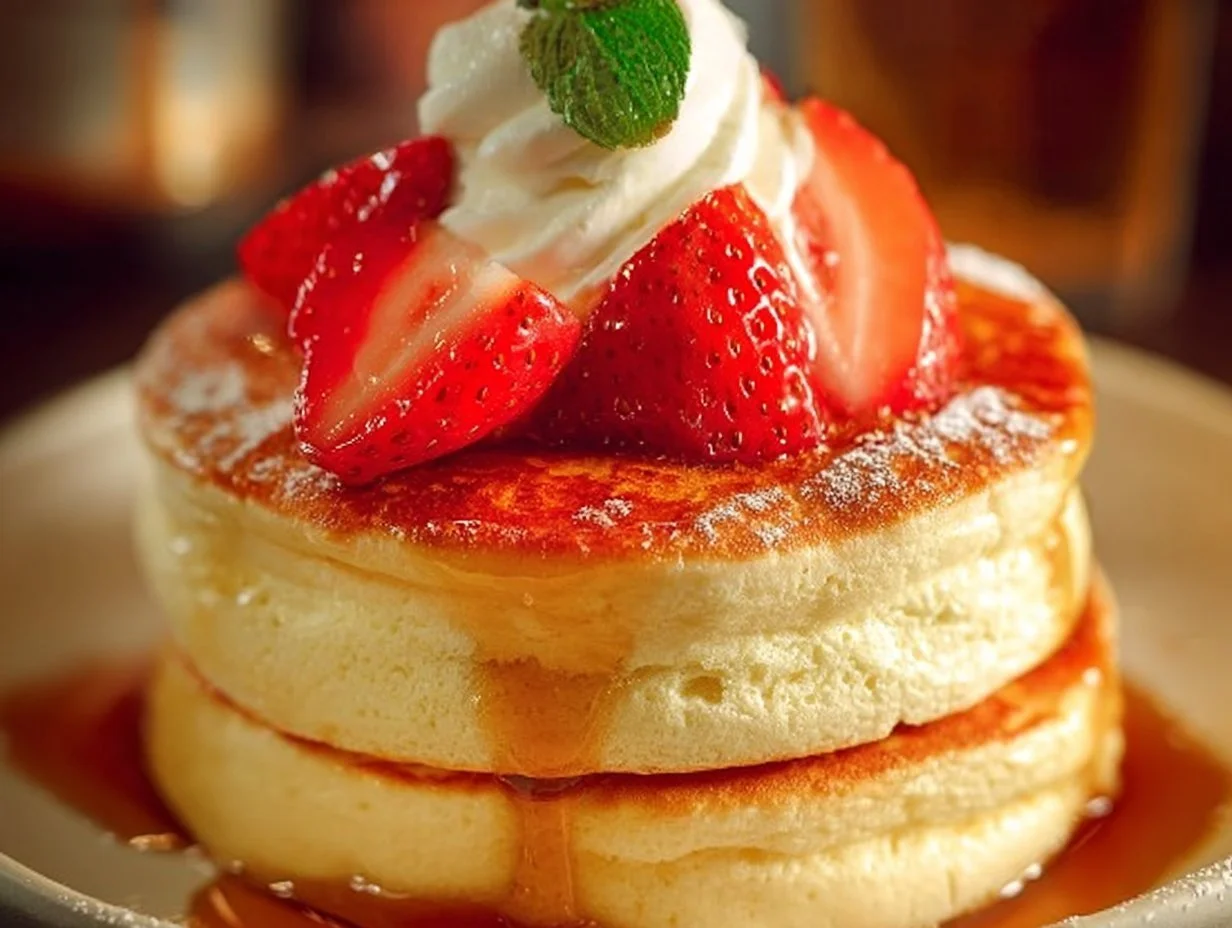 Fluffy Japanese soufflé pancakes served with syrup and fruit