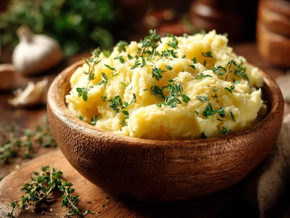 Creamy Garlic Cheddar Mashed Potatoes served in a bowl
