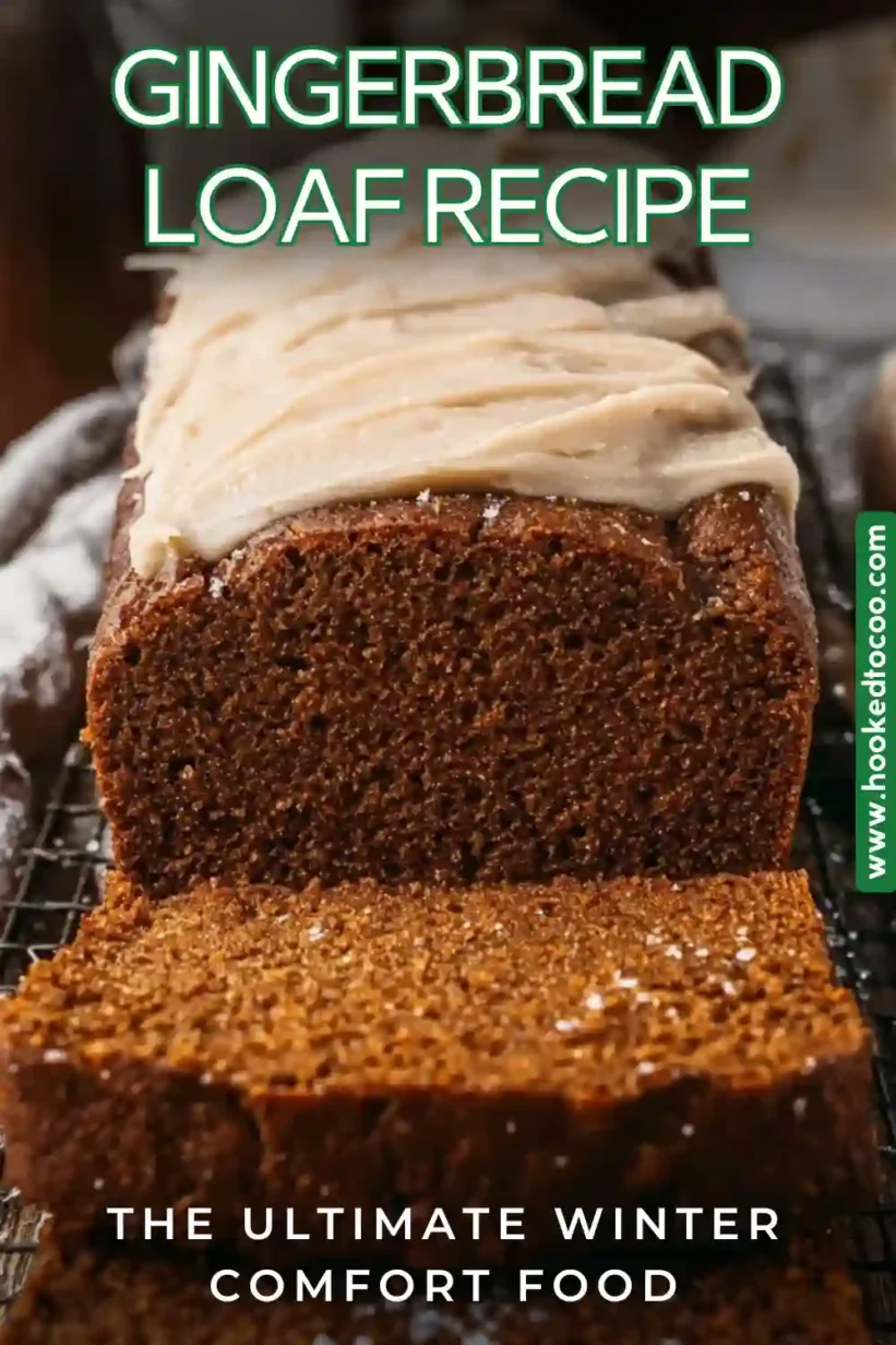A freshly baked gingerbread loaf, perfect for cozy winter days featuring warmed spices and creamy glaze.