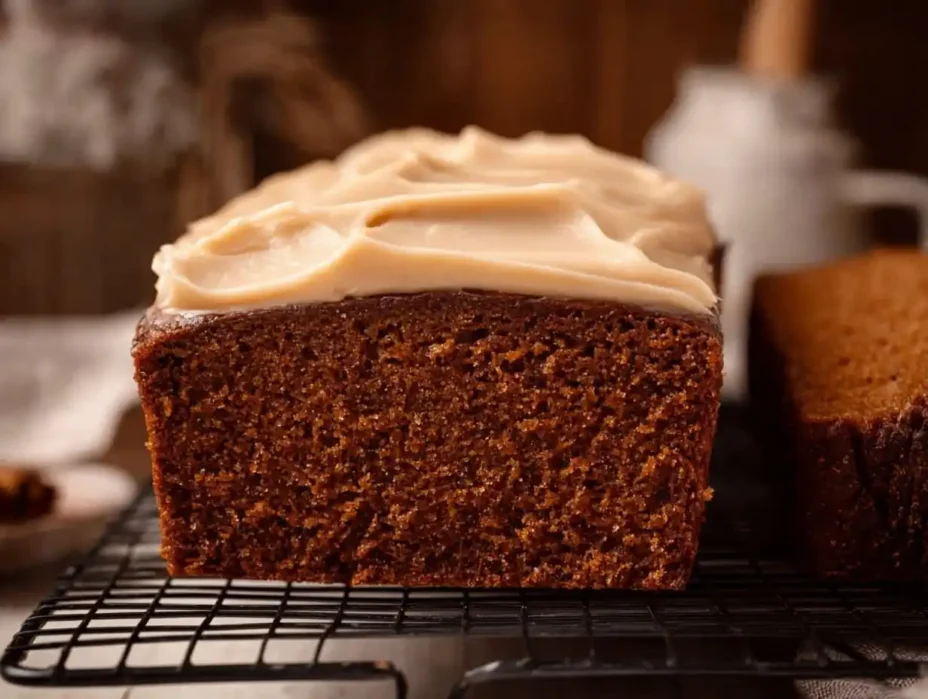 Delicious gingerbread loaf served on a rustic wooden table, perfect winter treat.