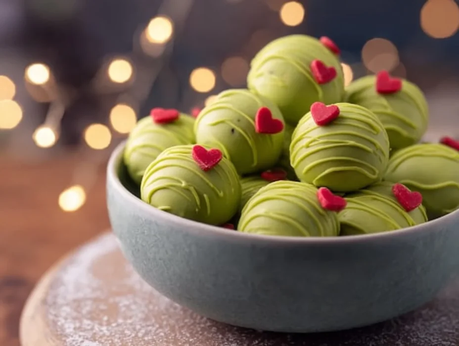 Delicious Grinch Oreo Truffles decorated in green and red for the holidays