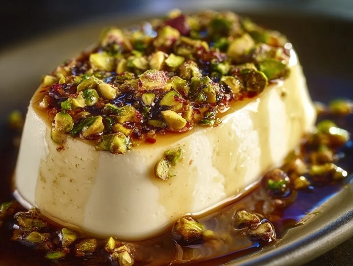 Honey fig pistachio goat cheese appetizer garnished with fresh figs and pistachios.