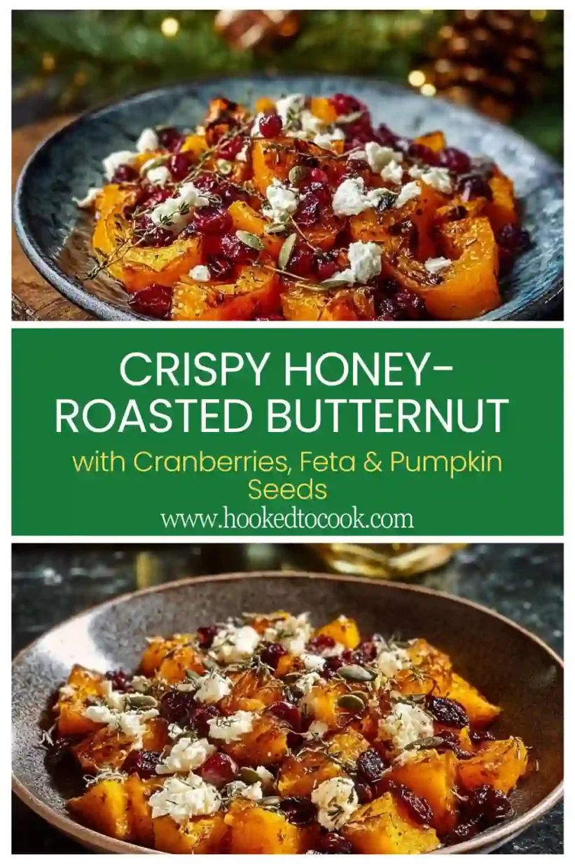 Crispy Honey-Roasted Butternut with Cranberries, Feta & Pumpkin Seeds ready to serve, showcasing vibrant colors and textures.