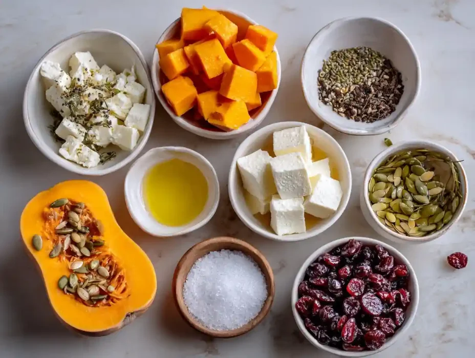ingredients for Crispy Honey-Roasted Butternut with Cranberries, Feta & Pumpkin Seeds recipe