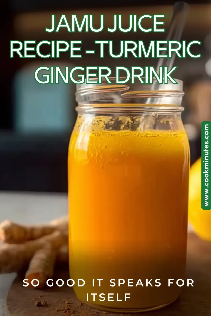 Image of Jamu Juice in a glass with lemon slices. Alt text: Freshly made Jamu Juice, a flavorful turmeric ginger drink.