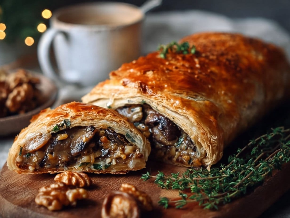 A beautifully golden Mushroom and Walnut Wellington, showcasing flaky puff pastry and rich fillings.