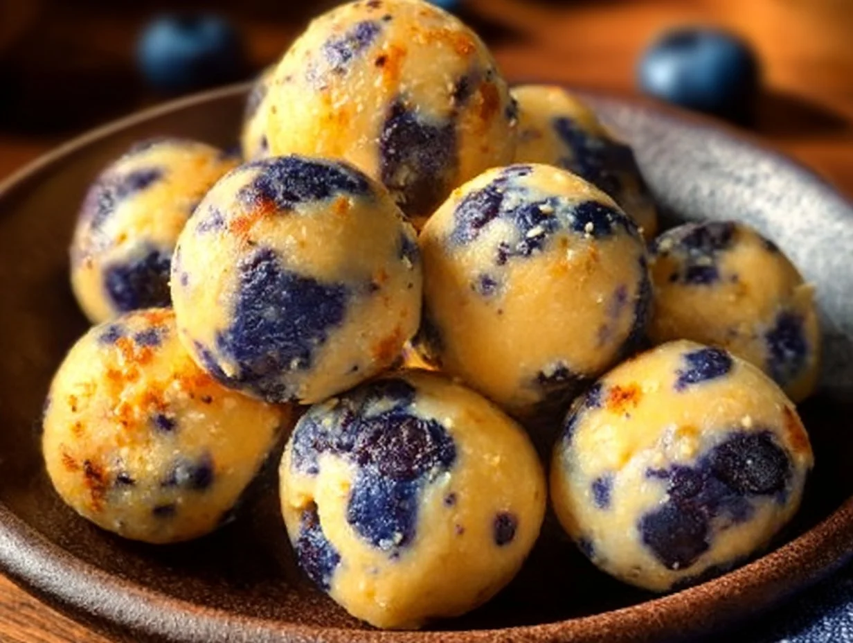 Lemon Blueberry Cottage Cheese Protein Bites stacked on a plate