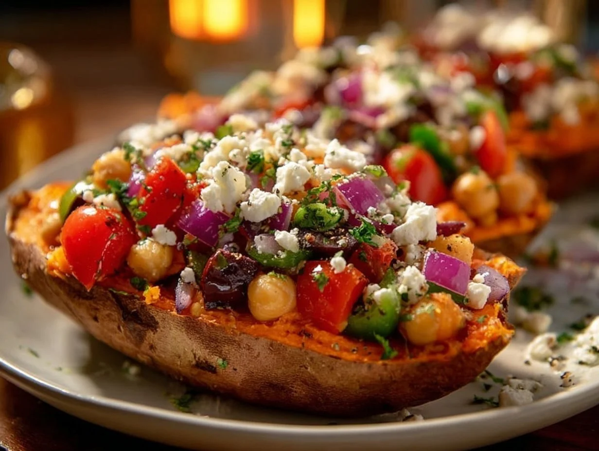 Mediterranean stuffed sweet potatoes topped with fresh herbs and spices