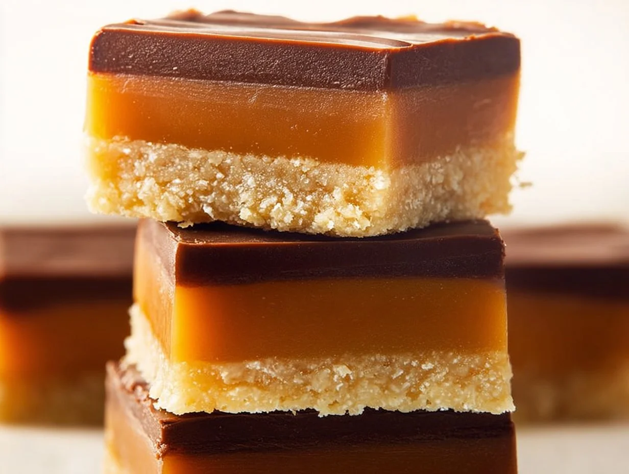 Decadent Millionaire's Bar made with chocolate and caramel layers.