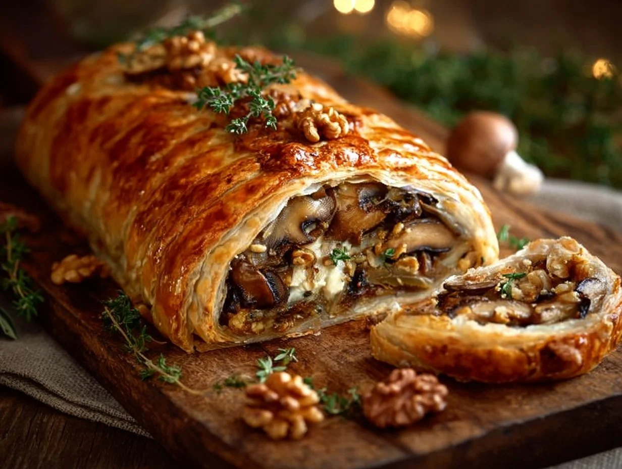 Mushroom and Walnut Wellington served on a plate
