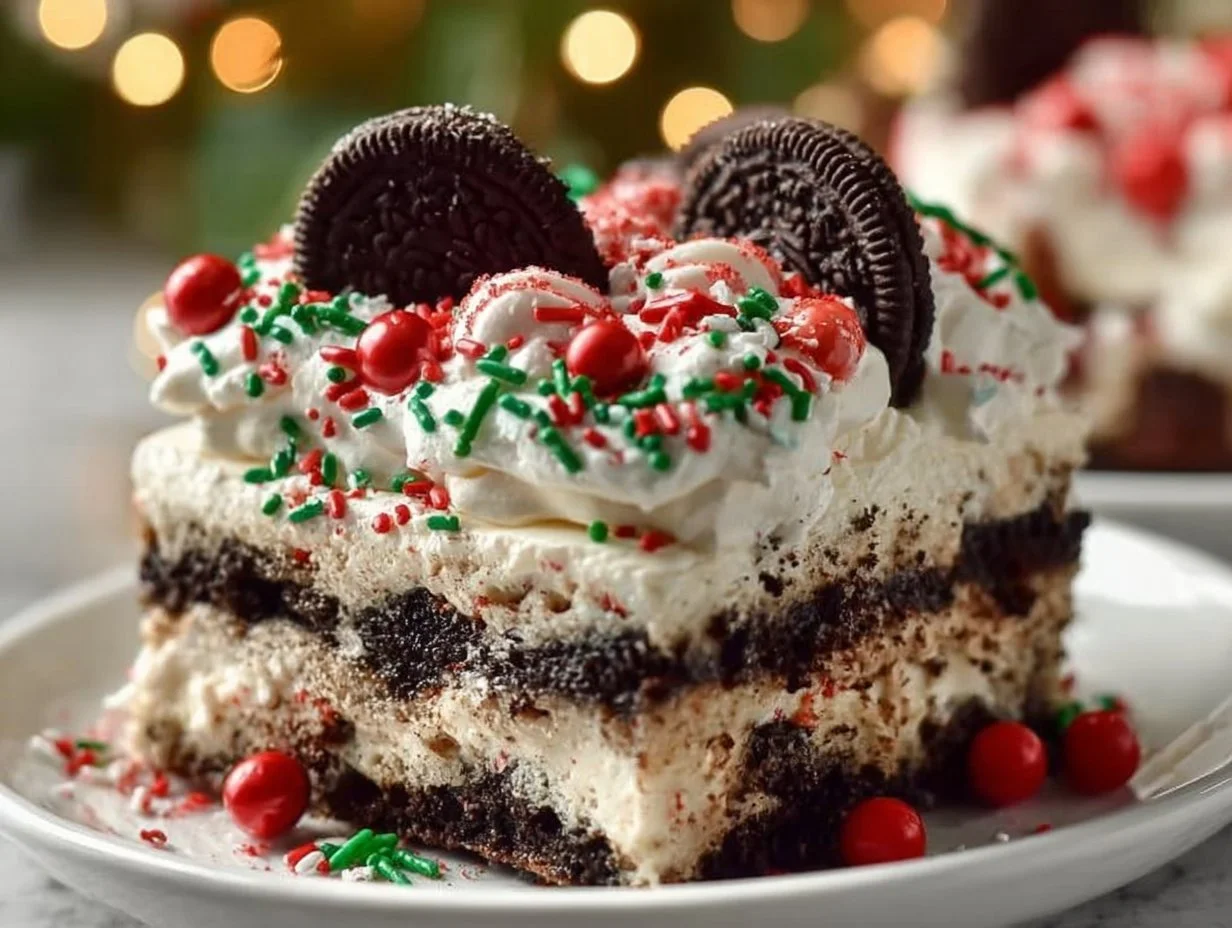 No Bake Christmas Oreo Lasagna dessert with layers of cookies and cream