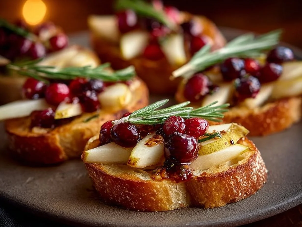 Delicious pear brie cranberry crostini appetizer on a platter