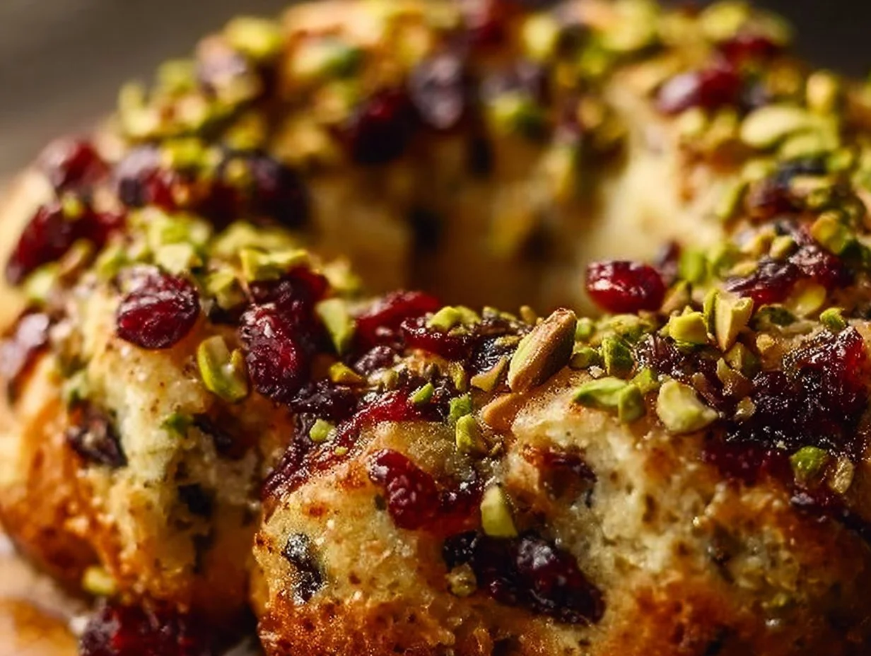 Pistachio cranberry wreath cookies decorated and ready for the holiday season.