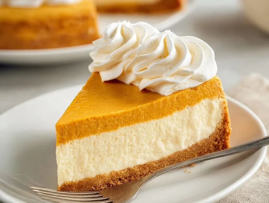 Delicious Pumpkin Pie Cheesecake topped with whipped cream and spices