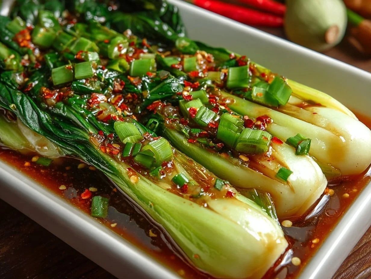 Quick Bok Choy stir-fry with ginger chili sauce served in a bowl