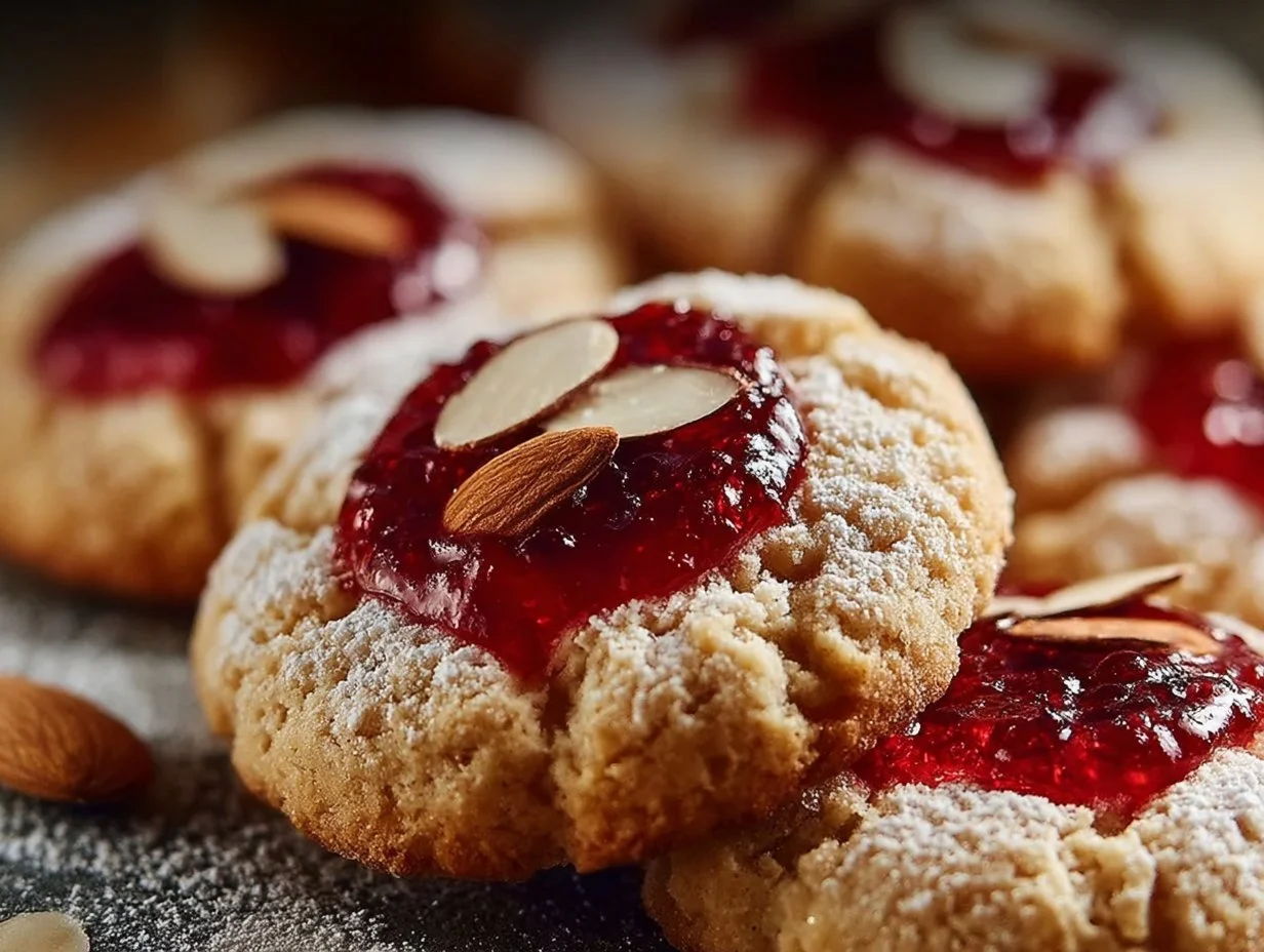 Raspberry almond shortbread cookies with a thumbprint design and fresh raspberries