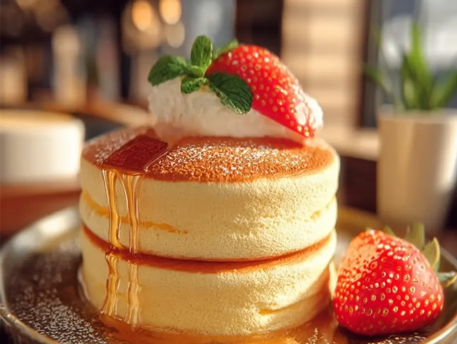 Enjoy Fluffy Japanese Soufflé Pancakes drizzled with syrup and fruits