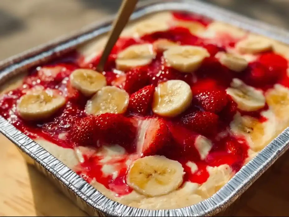 Delicious strawberry banana pudding dessert served in a glass dish