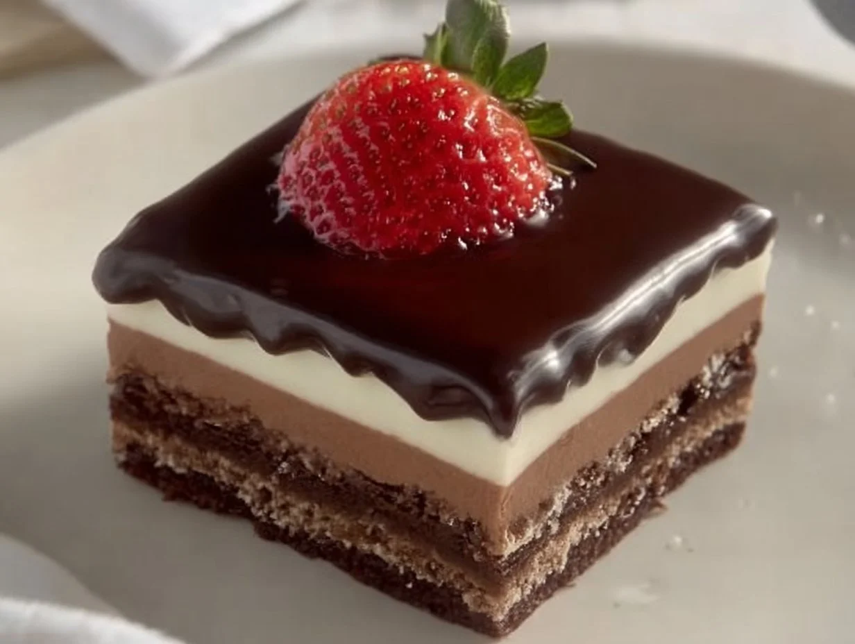 Delicious strawberry chocolate ombre cake featuring layers of rich chocolate and fresh strawberries.