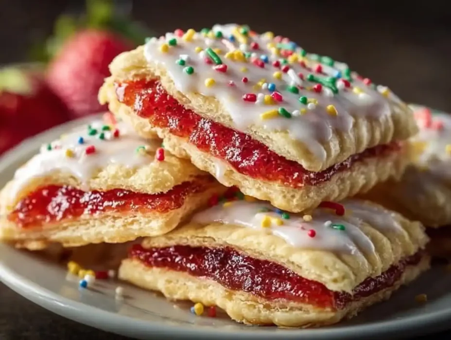 Delicious strawberry pop tart sugar cookies on a plate.