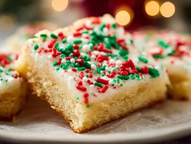 Delicious Christmas sugar cookie bars topped with colorful sprinkles.