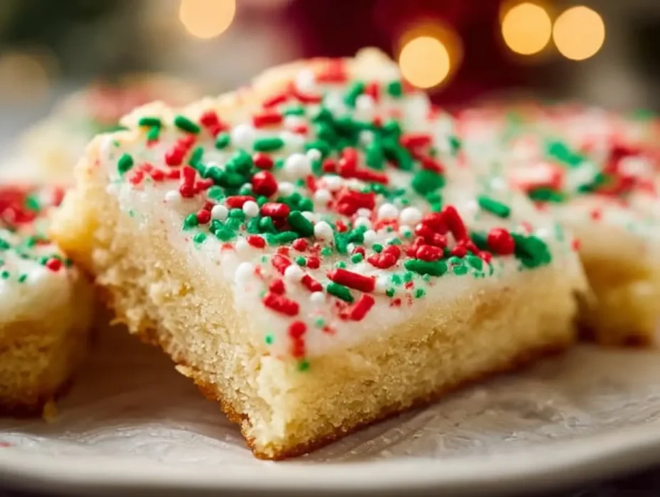 Delicious Christmas sugar cookie bars topped with colorful sprinkles.