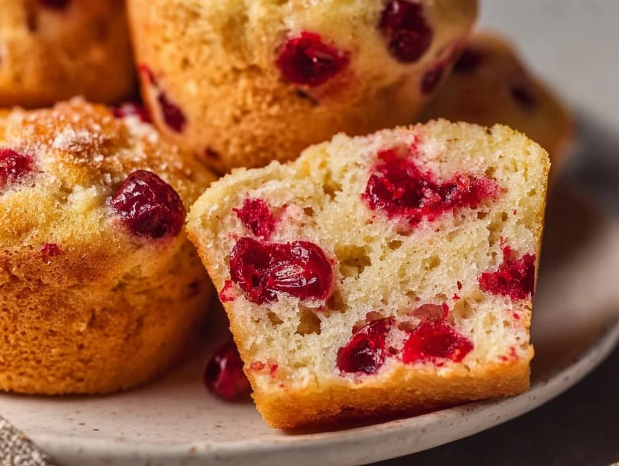 Sugared cranberry muffins topped with sparkling sugar on a white plate