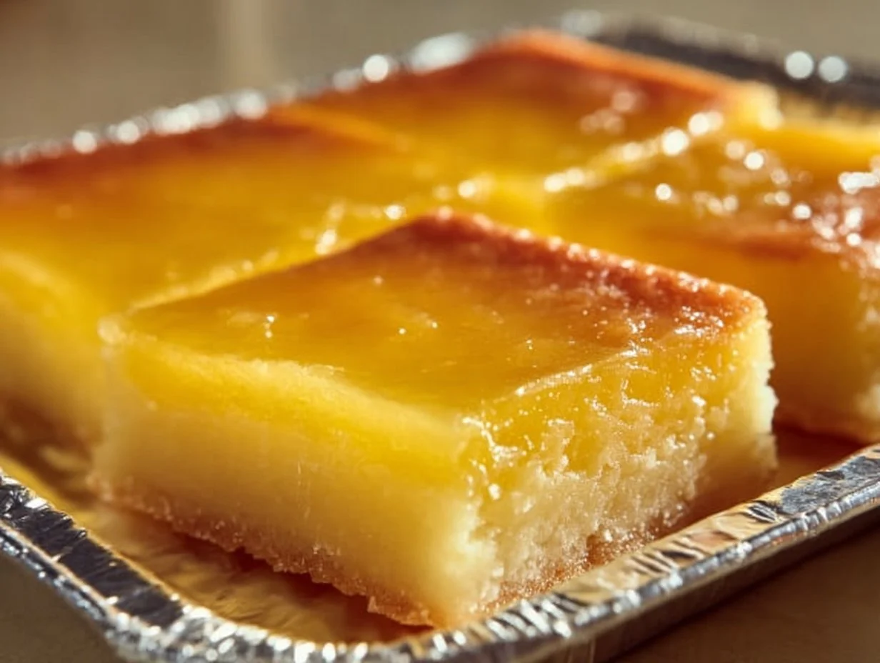 Two-ingredient lemon bars on a white plate with a lemon slice garnish.