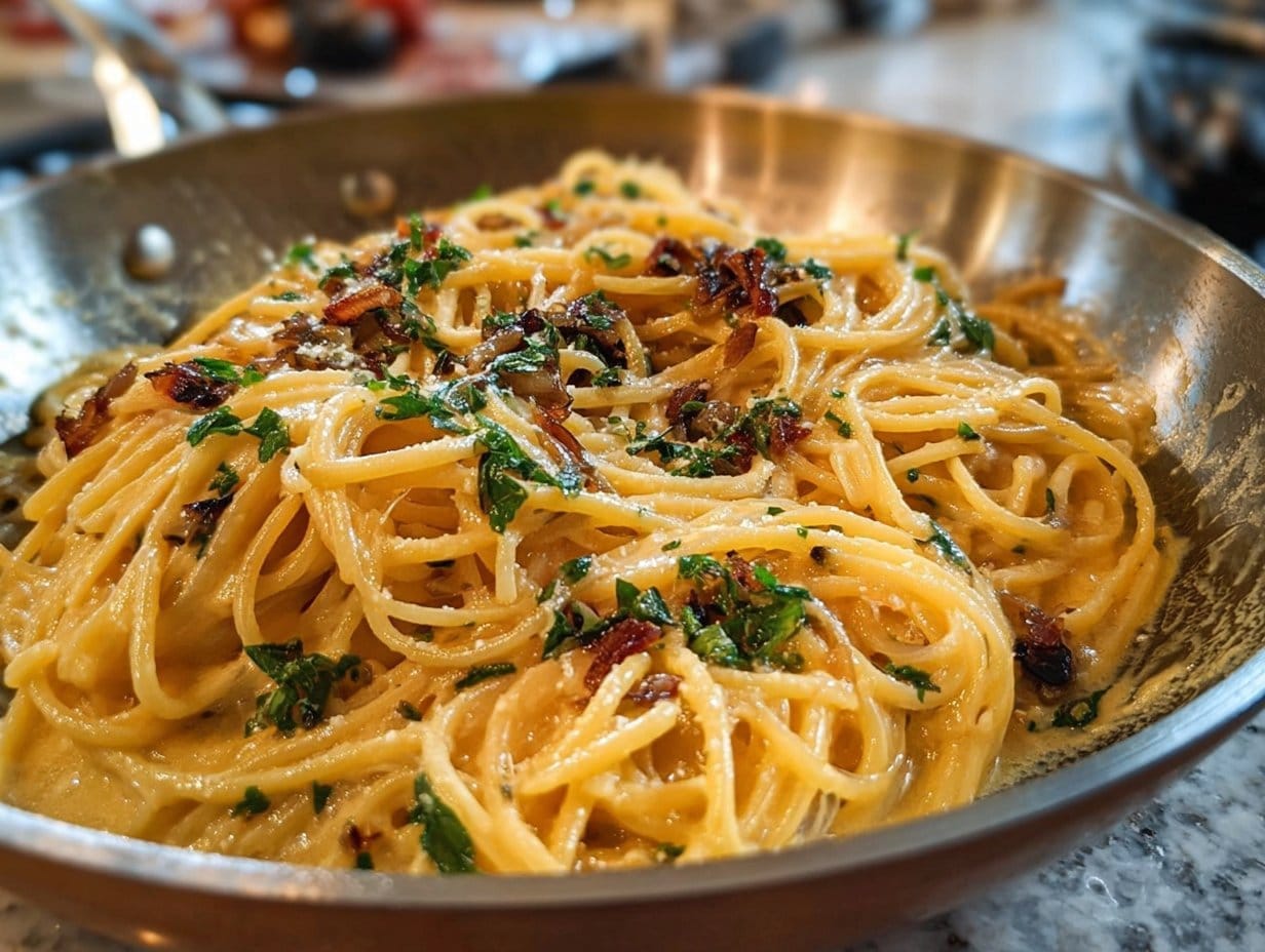 Image showing a bowl of Creamy Vegan Caramelized Onion Pasta, topped with fresh herbs and a creamy sauce.