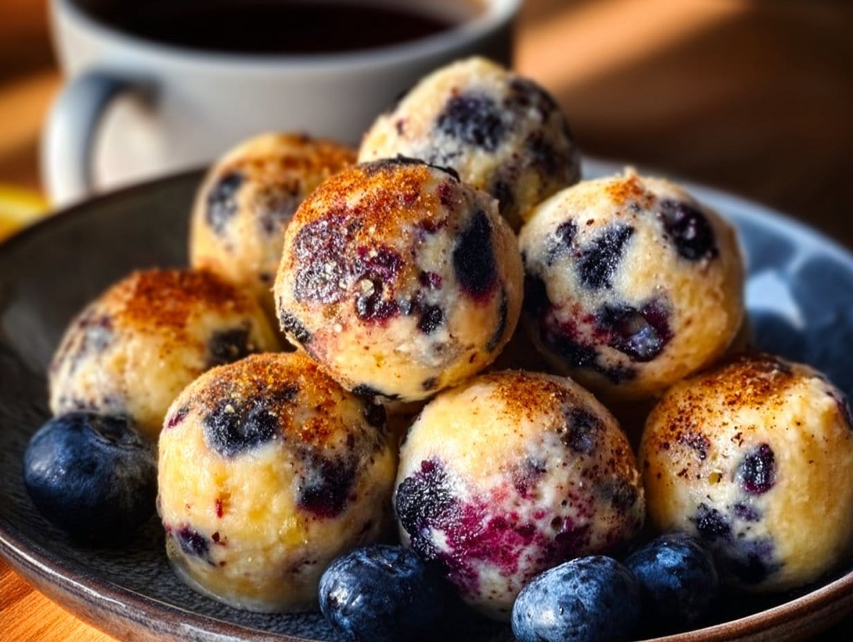 A plate of Lemon Blueberry Cottage Cheese Protein Bites garnished with fresh blueberries.