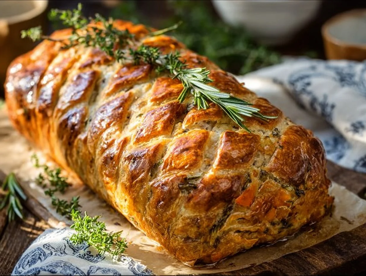 A beautifully baked Vegan Lentil Wellington served on a plate with fresh herbs.