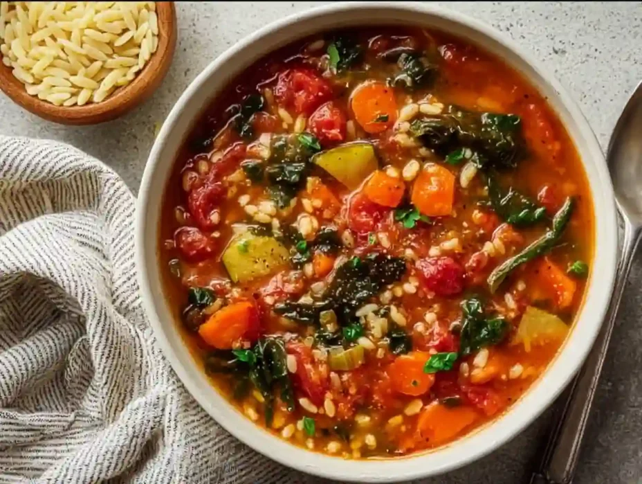 Bowl of hearty one-pot vegetable orzo soup with colorful fresh vegetables.